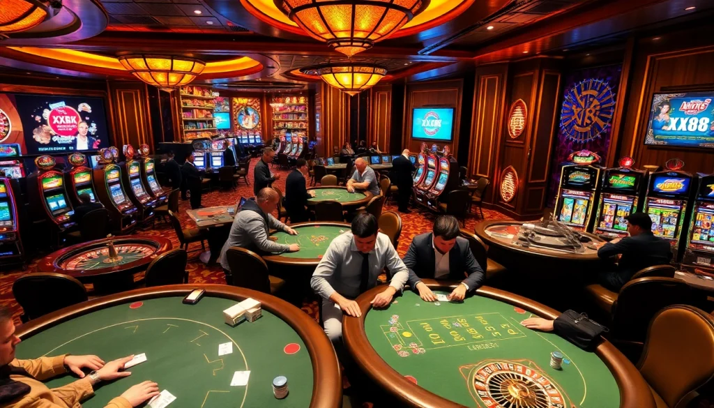 Experience thrilling gameplay at XX88 casino with vibrant tables and excited gamblers.