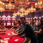 Exciting sunwin casino scene with players at a poker table surrounded by slot machines.