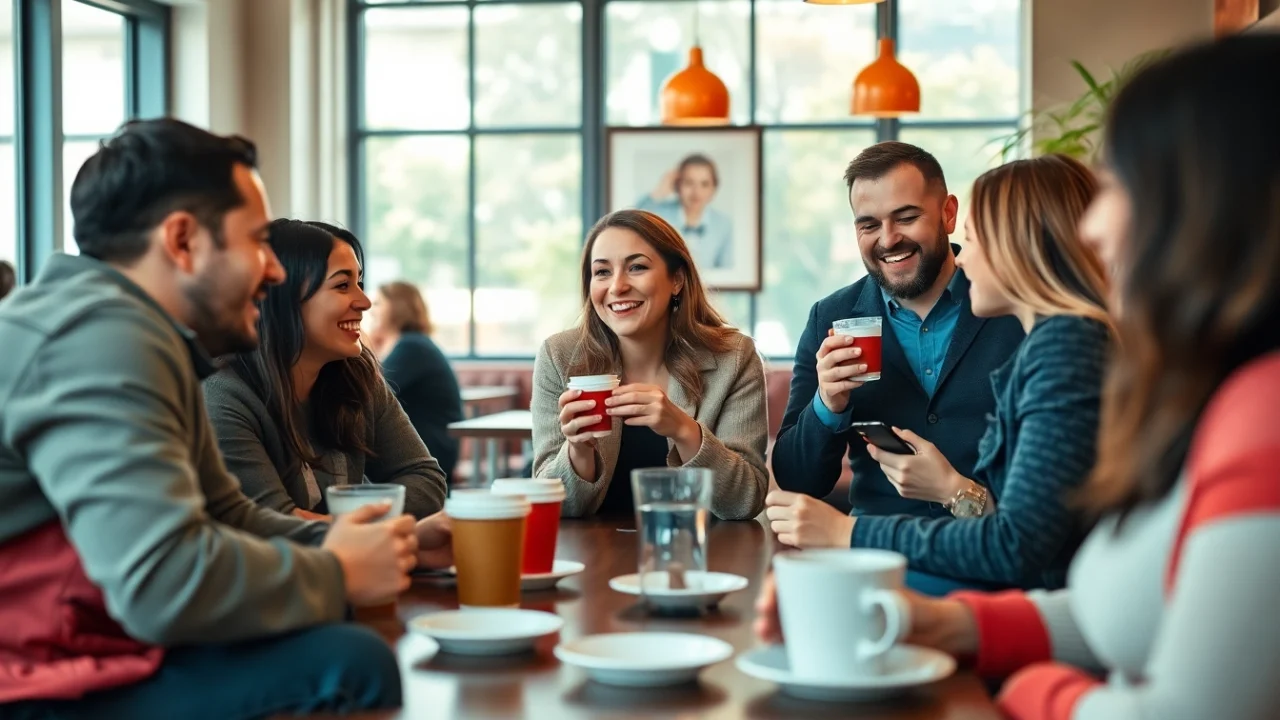 Celebrate diverse relationships with an engaging scene from https://okfun.uk.net/ showcasing modern dating in a stylish cafe.