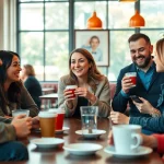 Celebrate diverse relationships with an engaging scene from https://okfun.uk.net/ showcasing modern dating in a stylish cafe.