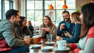 Celebrate diverse relationships with an engaging scene from https://okfun.uk.net/ showcasing modern dating in a stylish cafe.