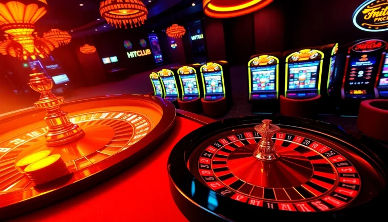 Experience exciting gameplay at HITCLUB with vibrant casino chips and an engaging roulette wheel.
