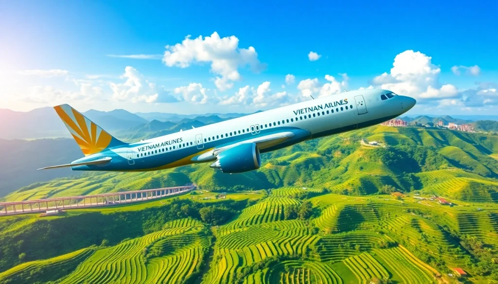 VN168 flight soaring over Vietnam's stunning landscape with famous landmarks.