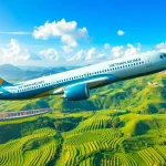 VN168 flight soaring over Vietnam's stunning landscape with famous landmarks.