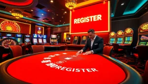 Experience the excitement of REGISTER at a luxurious casino table with rich visuals.
