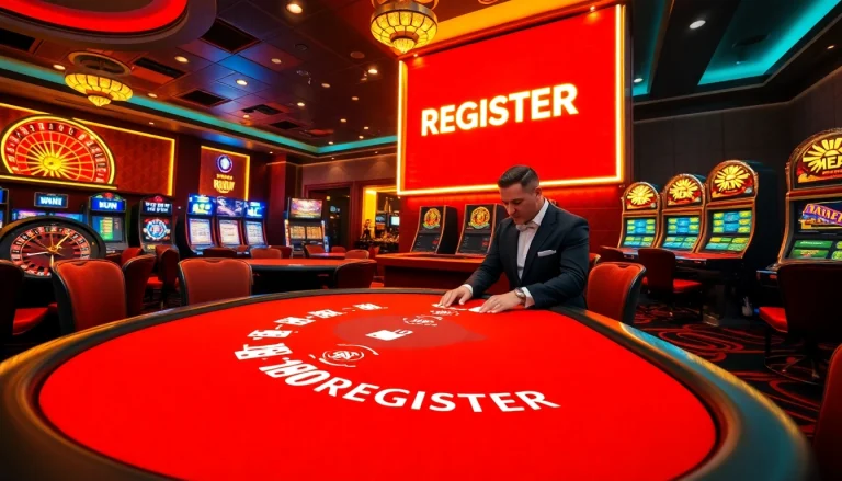 Experience the excitement of REGISTER at a luxurious casino table with rich visuals.