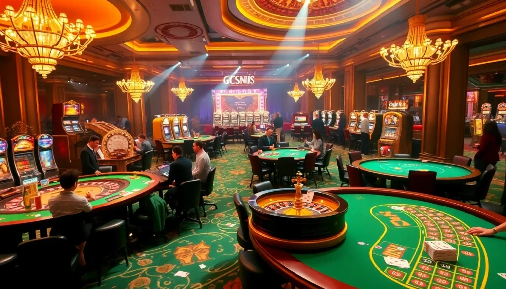 A bustling PG99 casino floor showcasing vibrant gameplay with roulette wheels and poker tables.