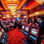 Experience thrilling gambling action at OK365's luxurious casino, featuring slot machines and roulette tables.