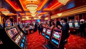 Experience thrilling gambling action at OK365's luxurious casino, featuring slot machines and roulette tables.
