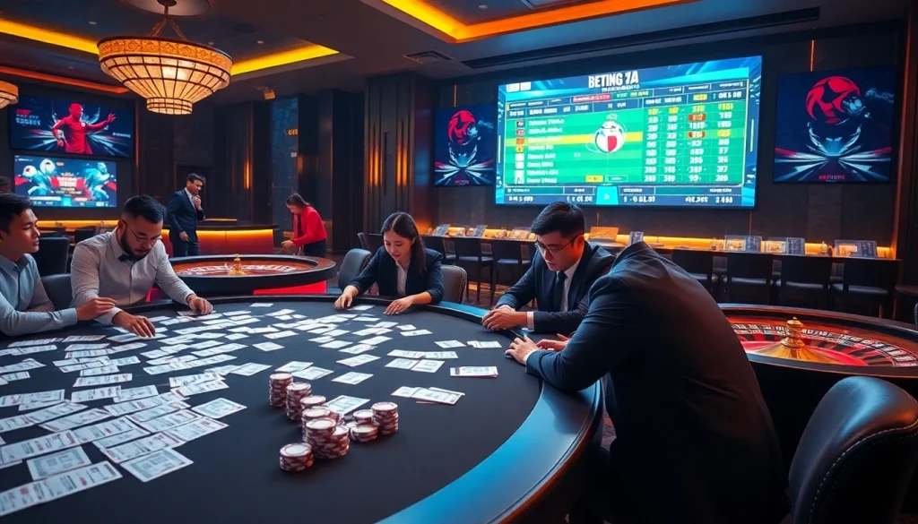 Kèo Bóng Đá betting excitement at a professional casino, showcasing vibrant odds and engaged gamblers.