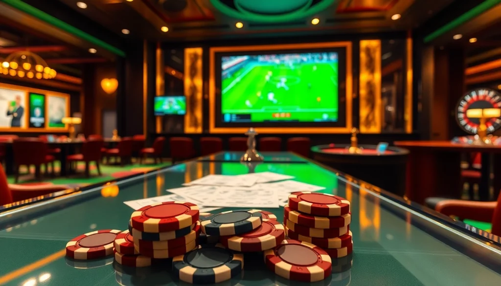 Kèo bóng đá betting scene with poker chips, betting slips, and live soccer match display in a luxurious casino.