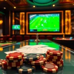 Kèo bóng đá betting scene with poker chips, betting slips, and live soccer match display in a luxurious casino.