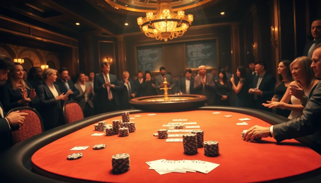 Engage in high-stakes poker at a luxurious casino showcasing RR99 betting chips and excitement.