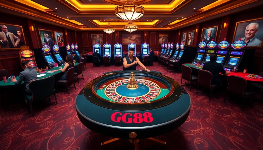 Players enjoying games at a luxurious GG88 casino table with vibrant slot machines.