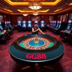 Players enjoying games at a luxurious GG88 casino table with vibrant slot machines.