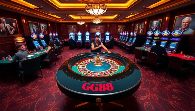 Players enjoying games at a luxurious GG88 casino table with vibrant slot machines.