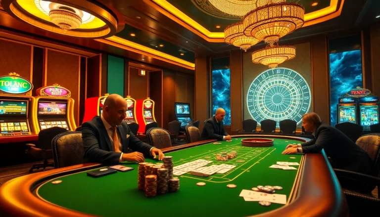 Exciting online gaming action at Trang chủ LC88 casino with poker tables and vibrant slot machines.