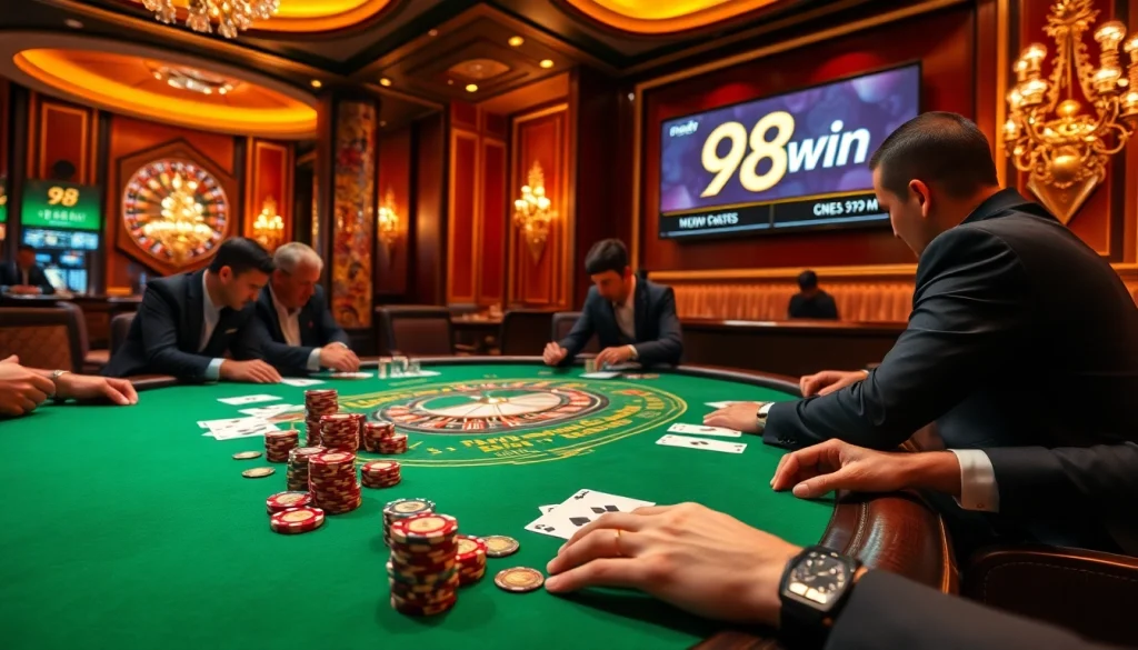Players are enjoying an exciting game at a luxurious 98win casino poker table.