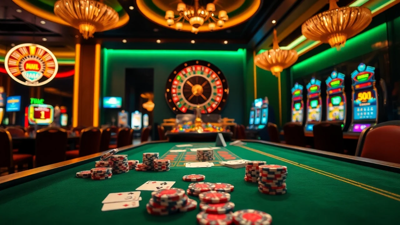 Experience the excitement of RR88 with vibrant casino tables, poker chips, and slot machines.