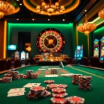 Experience the excitement of RR88 with vibrant casino tables, poker chips, and slot machines.