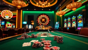 Experience the excitement of RR88 with vibrant casino tables, poker chips, and slot machines.