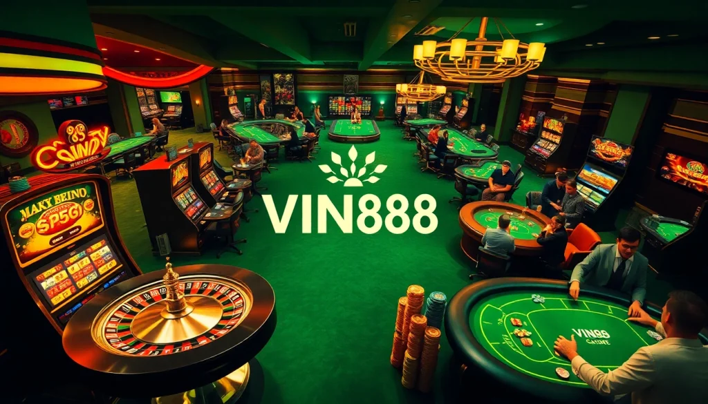 Enticing casino scene showcasing VIN88 with thrill of winning at poker and roulette.