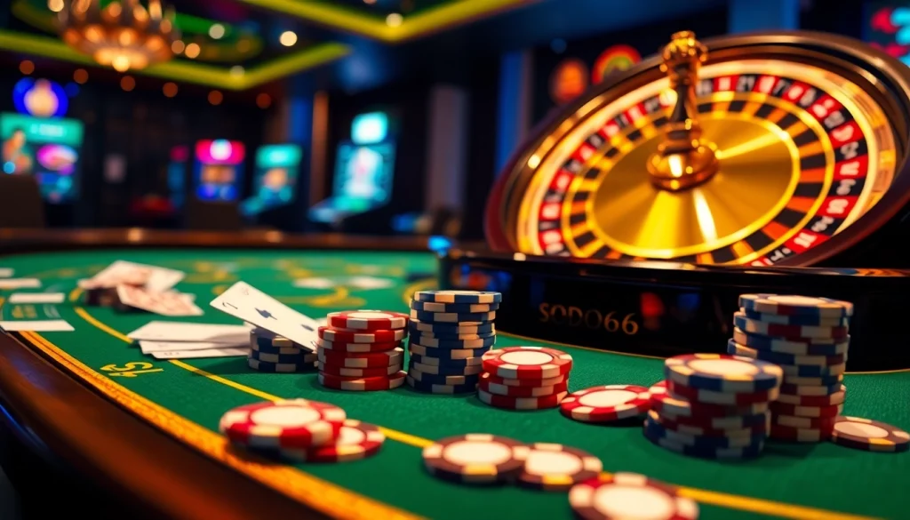 SODO66 excitement captured with a luxurious poker table and roulette wheel in an elegant casino setting.