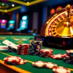 SODO66 excitement captured with a luxurious poker table and roulette wheel in an elegant casino setting.