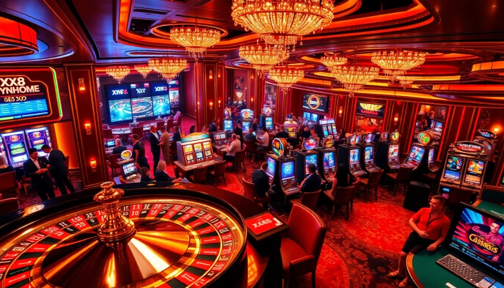 Experience the thrill of gambling at XX88 casino, featuring vibrant roulette wheels and exciting slot machines.