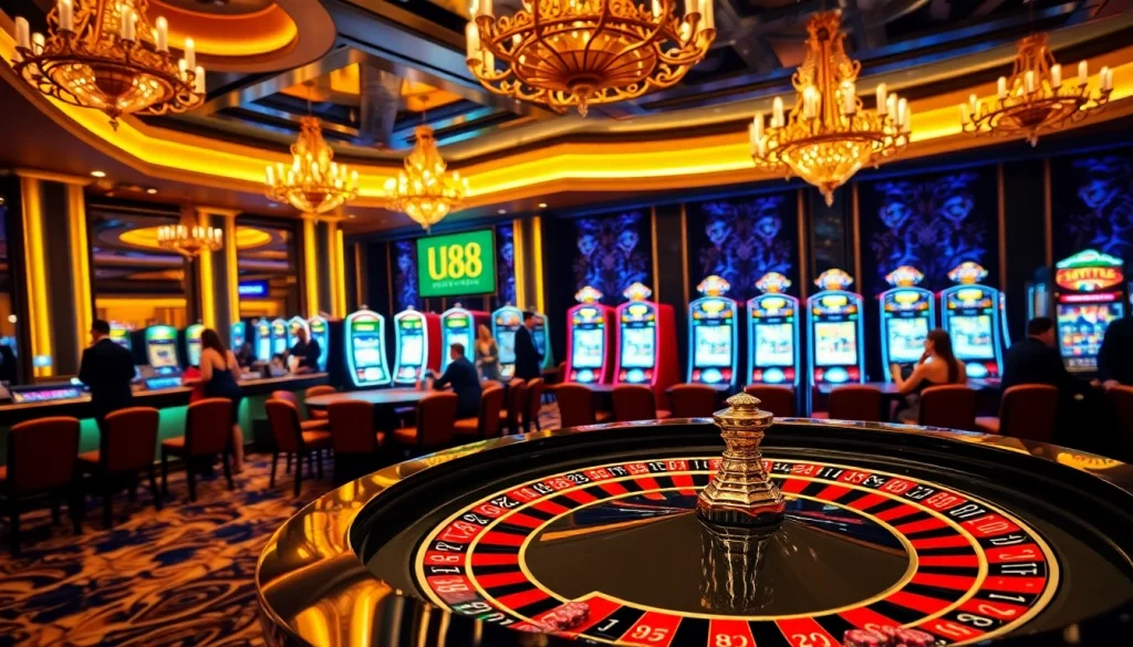 Experience the excitement of u88 gaming at a luxurious casino with vibrant slot machines and poker tables.