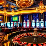 Experience the excitement of u88 gaming at a luxurious casino with vibrant slot machines and poker tables.