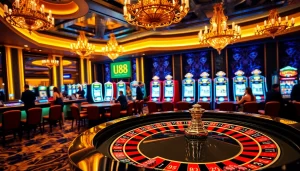 Experience the excitement of u88 gaming at a luxurious casino with vibrant slot machines and poker tables.