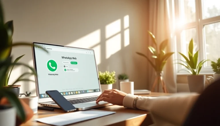 在现代家庭办公室使用 WhatsApp网页版，展示无缝沟通与连接。