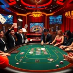 A thrilling poker game at 8kbet with players and glamorous dealers in a luxurious casino setting.