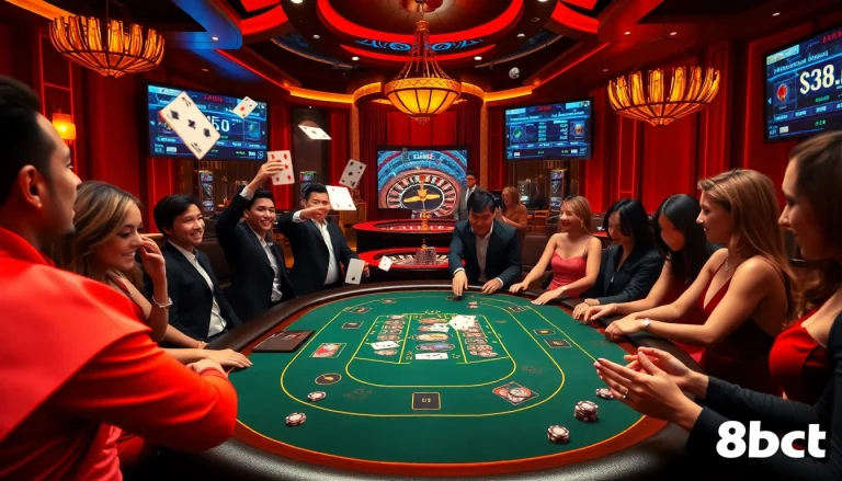 A thrilling poker game at 8kbet with players and glamorous dealers in a luxurious casino setting.