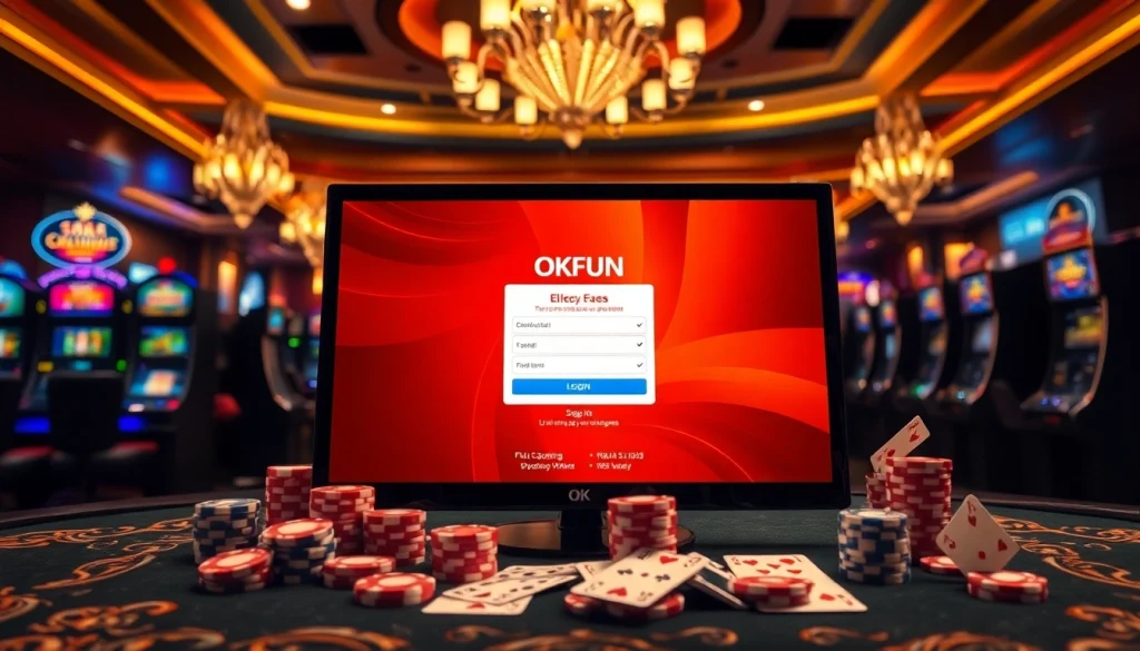 Login to OKFUN with excitement and professionalism in this vibrant casino scene featuring gaming elements.