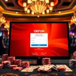 Login to OKFUN with excitement and professionalism in this vibrant casino scene featuring gaming elements.