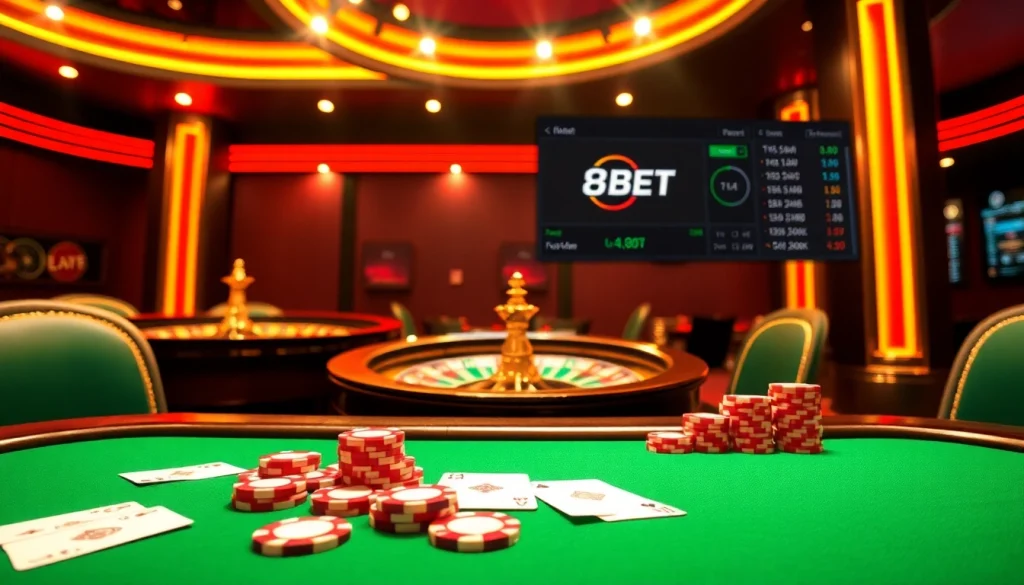 8kbet poker table scene with chips and cards, highlighting online gambling excitement.