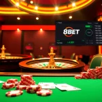 8kbet poker table scene with chips and cards, highlighting online gambling excitement.