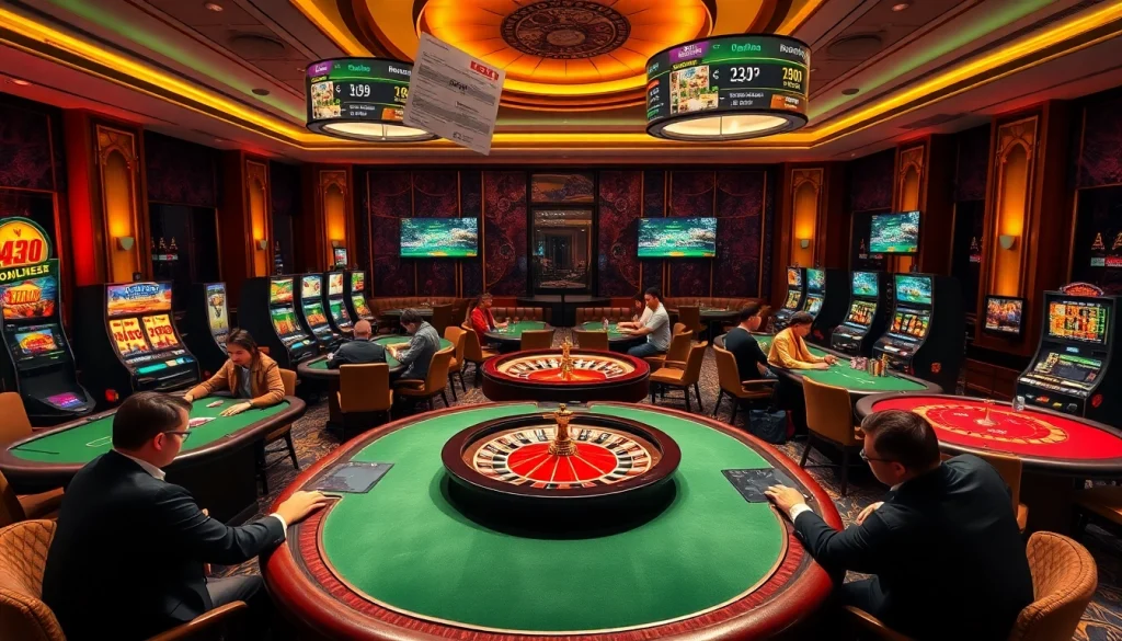 Engage in high-stakes gambling at vibrant casino tables featuring da88 gaming elements like poker chips and roulette wheels.