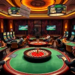 Engage in high-stakes gambling at vibrant casino tables featuring da88 gaming elements like poker chips and roulette wheels.