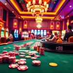 Exciting casino action at rr88.com with players, gambling tables, and vibrant slot machines.