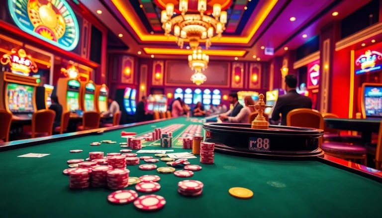 Exciting casino action at rr88.com with players, gambling tables, and vibrant slot machines.