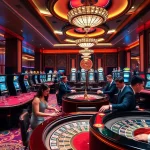 Experience the excitement at 8kbet with players at luxury tables and colorful slot machines.