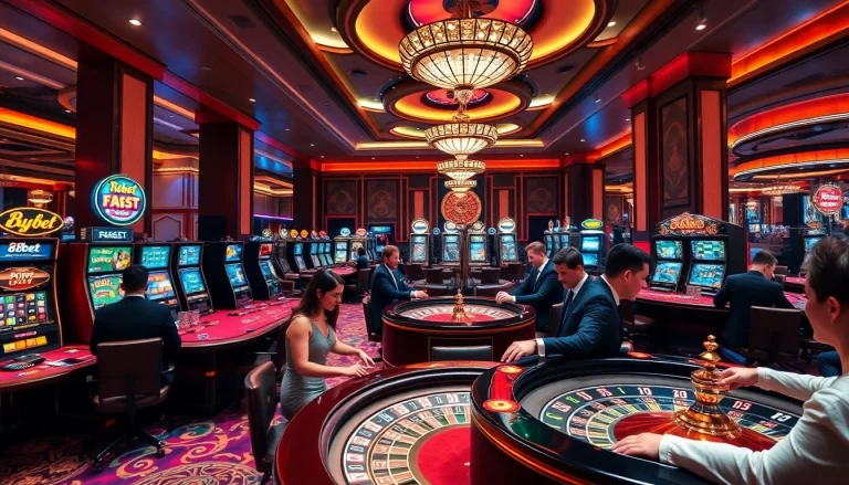 Experience the excitement at 8kbet with players at luxury tables and colorful slot machines.