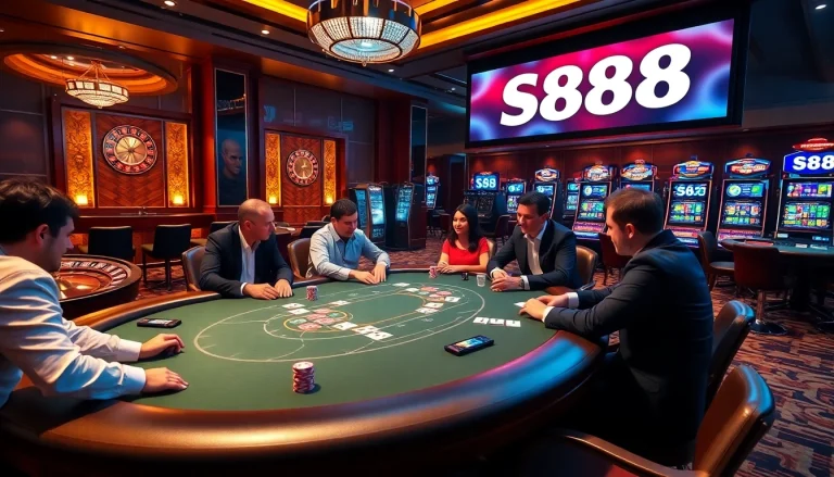 Engaged players at a poker table in a luxurious casino showcasing S88 for an exciting gambling experience.