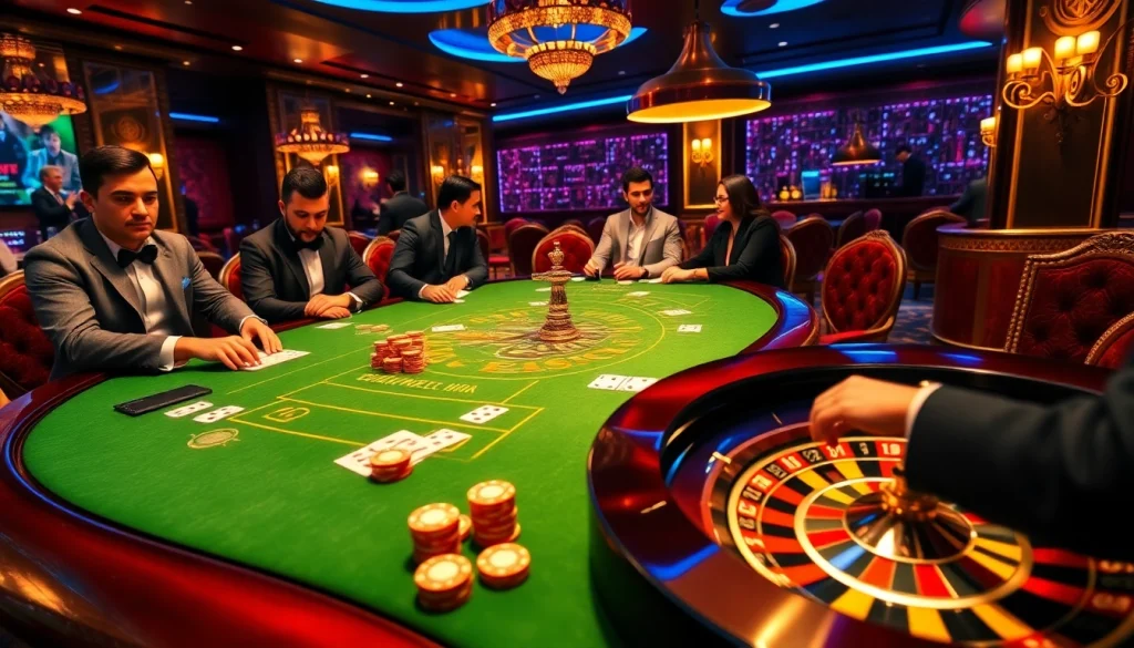 Experience thrilling gameplay at xin88 with a luxurious casino setting featuring poker tables and roulette wheels.