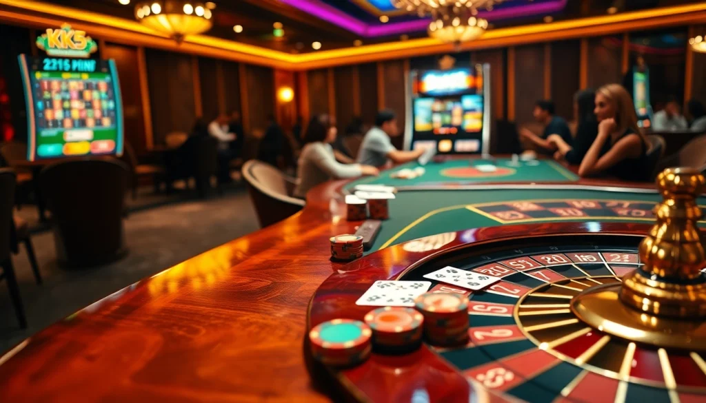 Players enjoy strategic poker at KK55 casino tables, vibrant chips, and roulette wheel ambiance.