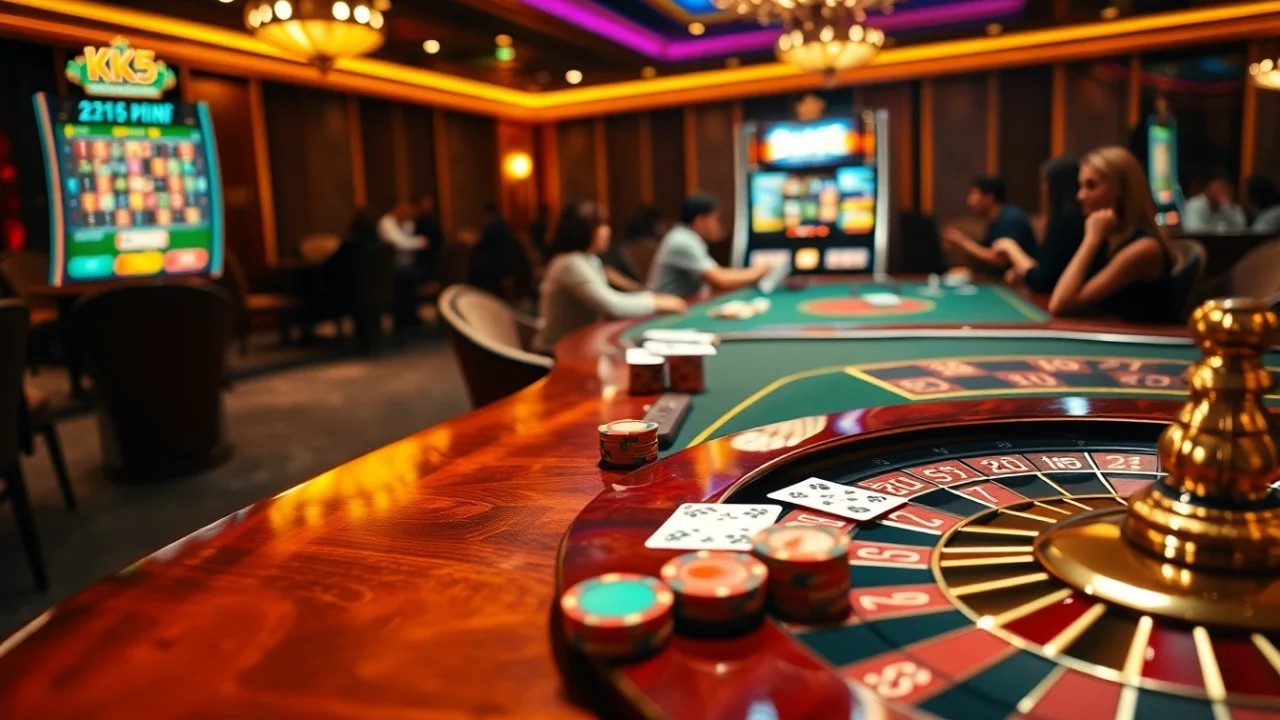Players enjoy strategic poker at KK55 casino tables, vibrant chips, and roulette wheel ambiance.