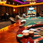 Players enjoy strategic poker at KK55 casino tables, vibrant chips, and roulette wheel ambiance.